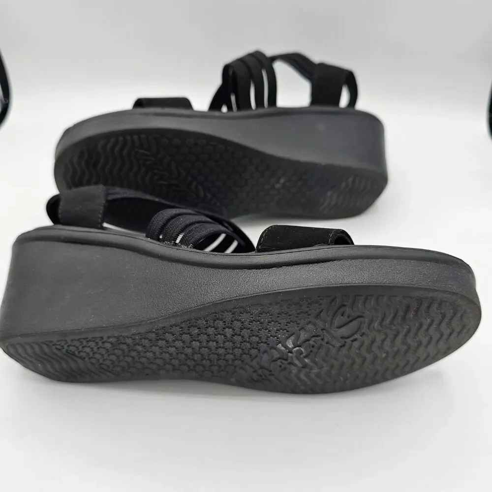 Cali Skechers Luxe Foam Womens Black Strappy Wedge Sandals Slingback whimsigoth